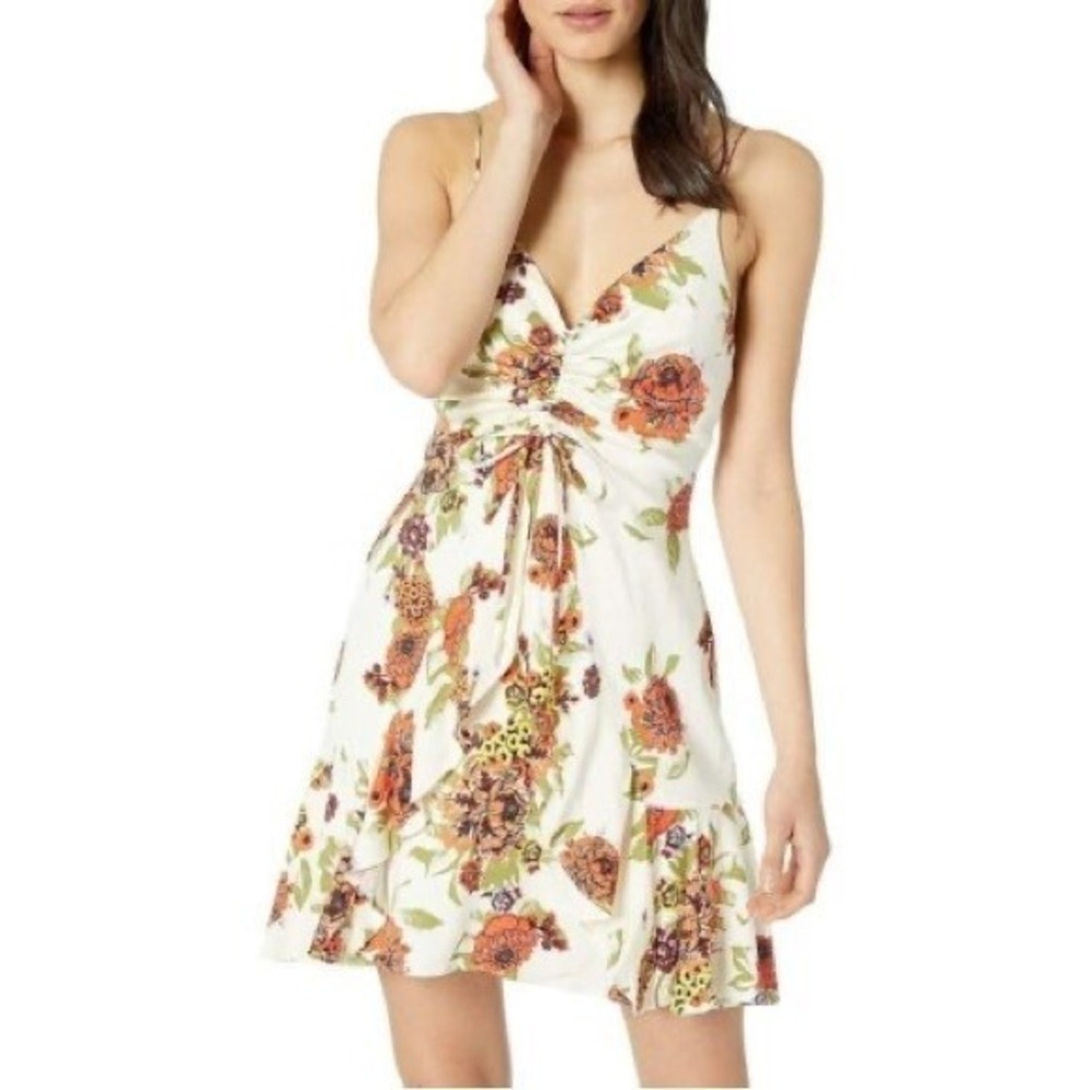 Free‎ People Happy Heart Ruched Mini Dress Ivory Floral Womens Size L Sundress